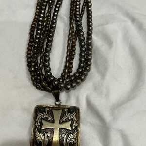 Silver Beaded Necklace with Cross Pendant